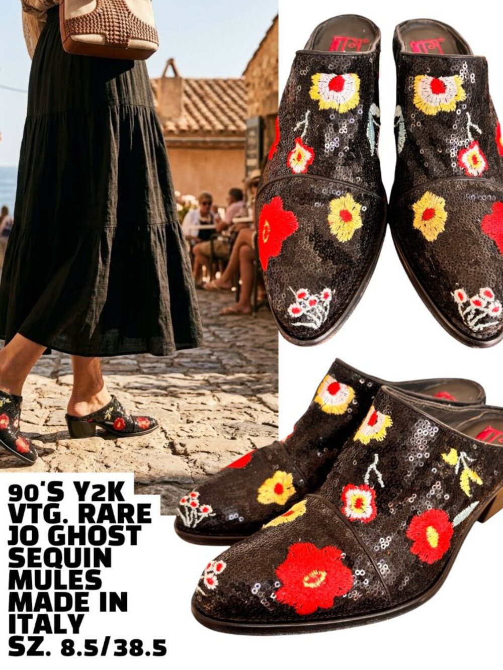 RARE 90'S VINTAGE JO GHOST SEQUIN MULES MADE IN ITALY SZ.‎ 8.5/38.5